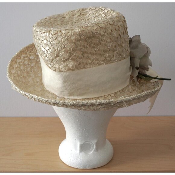 Vintage Straw Off White Hat w/ Ivory Ribbon Fabric Rose Garden Party Derby Chic main image 5